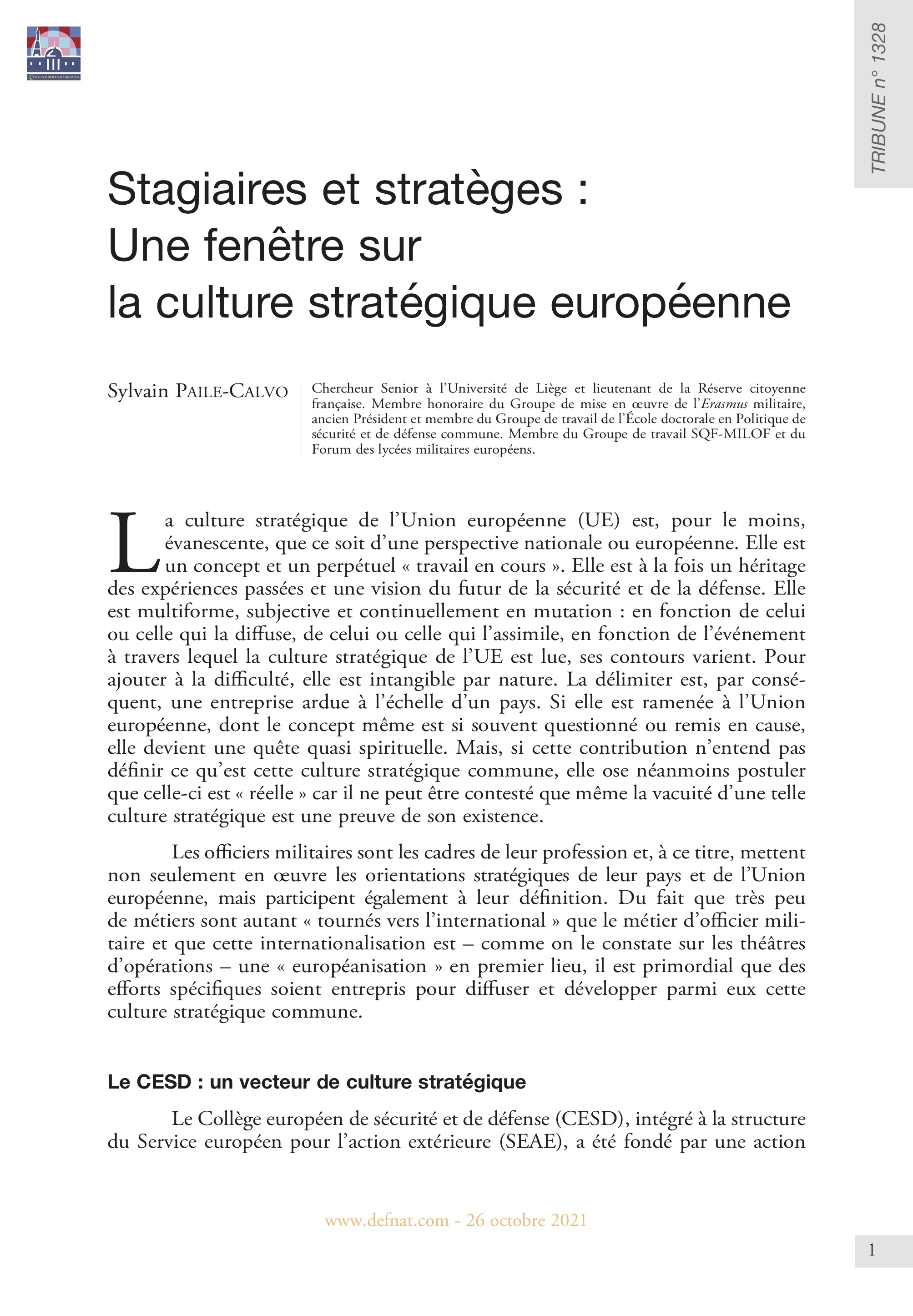 Stagiaires et stratèges : une fenêtre sur la culture stratégique européenne (T 1328)
